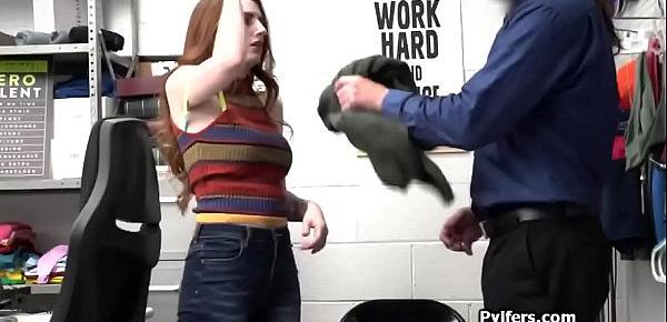  Busty red head ends up gagging officers cock